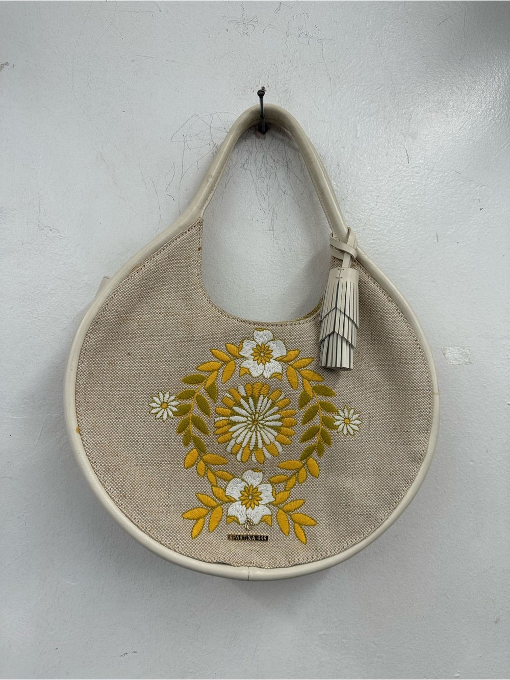 Spartina 449 Cream Floral Embroidered Crescent Tote Yellow Accent leather